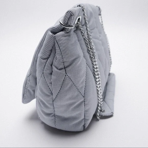 NWT. Zara Blue Pinstripe Quilted Shoulder Bag. - Picture 4 of 11